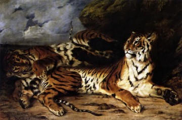 母親と遊ぶ若いトラ Oil Paintings